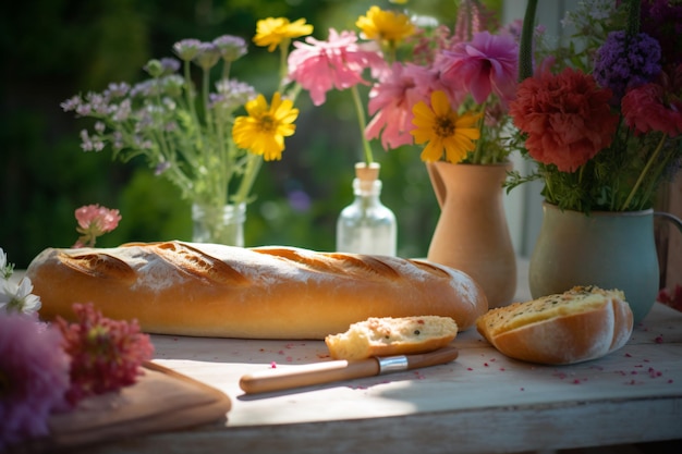 A table with flowers and bread on it