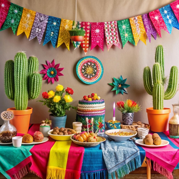 Photo a table with flowers and a cake on it