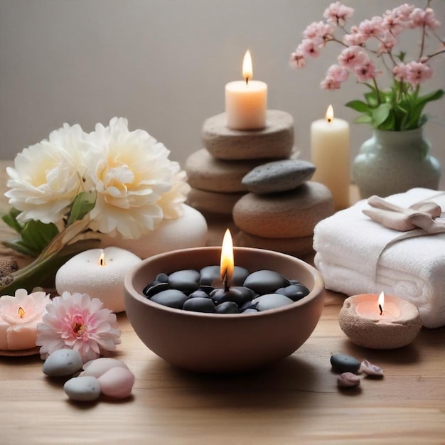 a table with flowers and candles and a candle on it