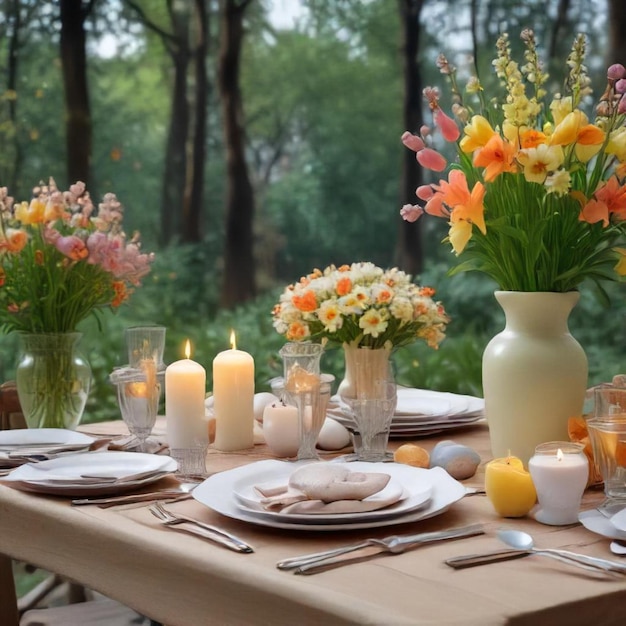 a table with flowers and candles and candles on it