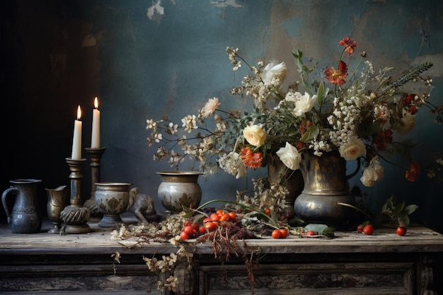 a table with flowers and candles high quality