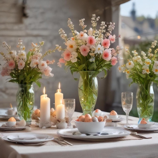 Photo a table with flowers and candles on it and a candle in the center