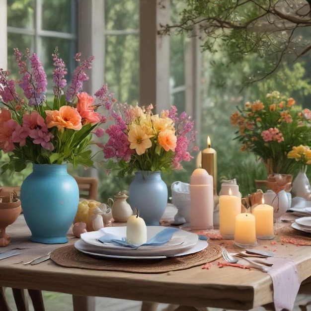 a table with flowers and candles on it and a vase with flowers in it