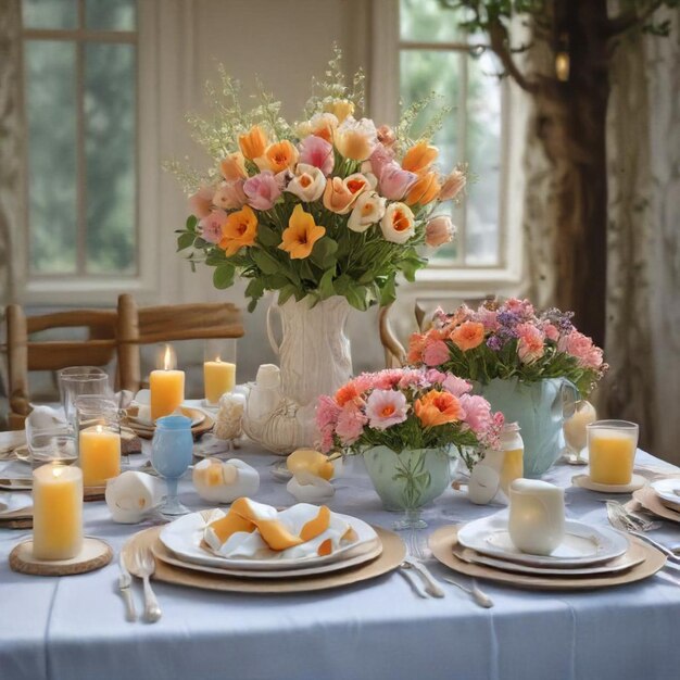 a table with flowers and candles on it and a vase with flowers in it