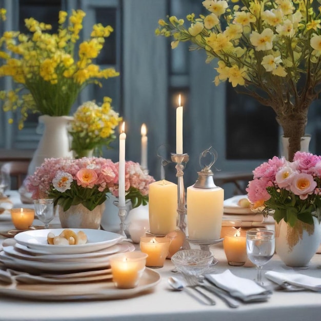 a table with flowers and candles on it and a vase with flowers in it