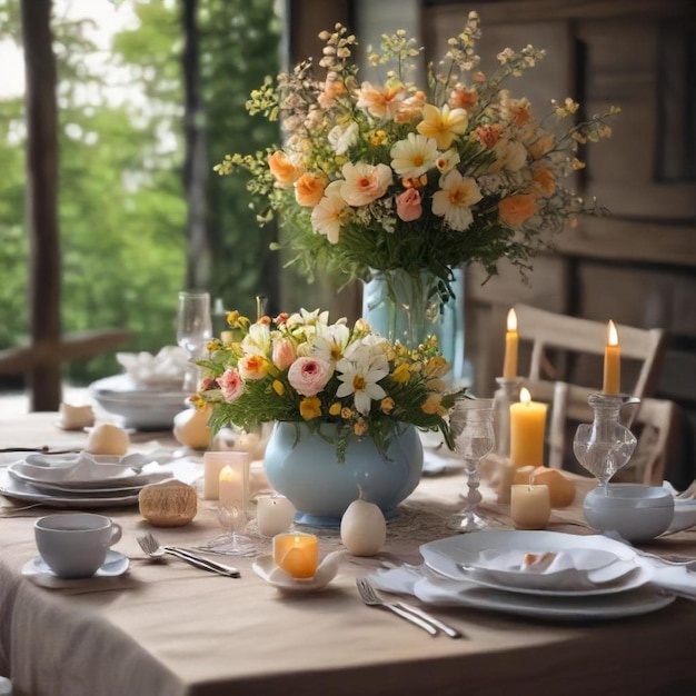 a table with flowers and candles on it