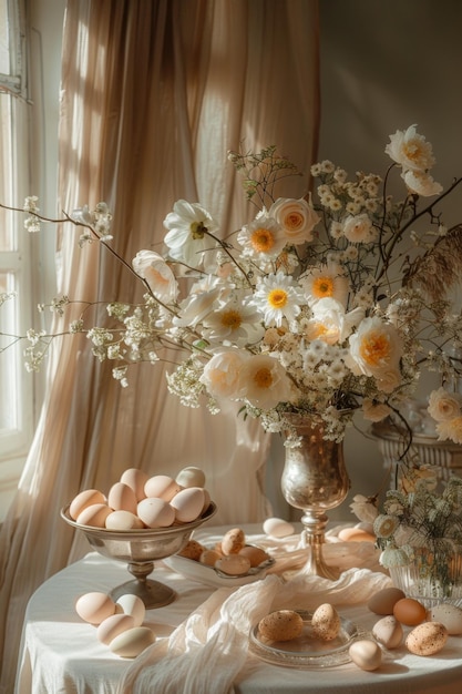 Table With Flowers and Eggs