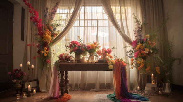 A table with flowers in front of a window