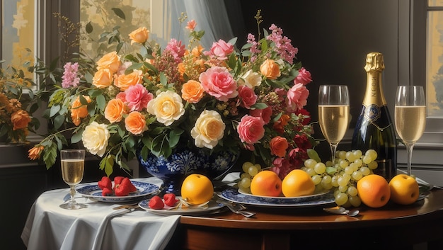 a table with flowers and fruit on it and a glass of wine