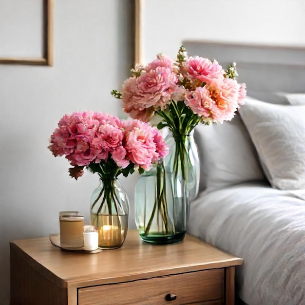 Photo a table with flowers on it and a candle on it