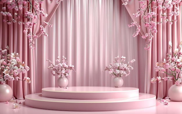 a table with flowers on it and a pink curtain with the words quot flowers quot on it