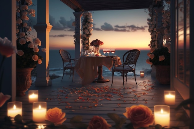 a table with flowers on it and a table with a sunset in the background.