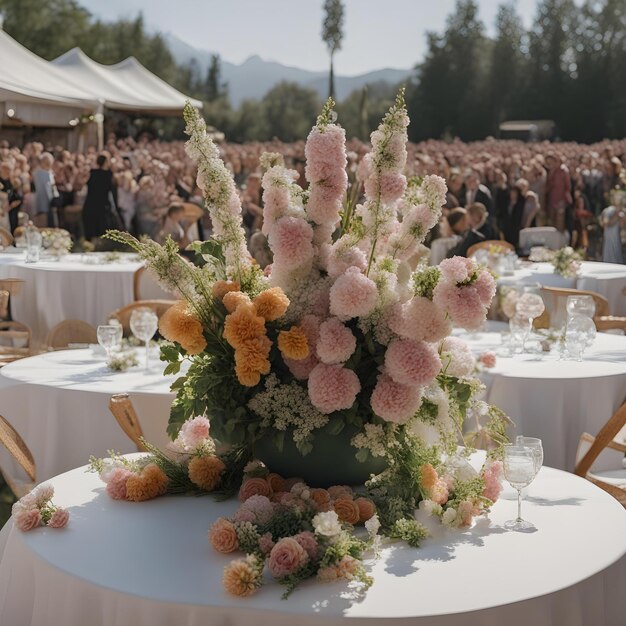 Photo a table with flowers and a large vase with flowers on it