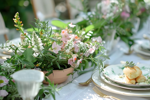 Photo a table with flowers and a place for a meal