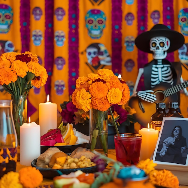 Photo a table with flowers and a skull and a picture of a skeleton