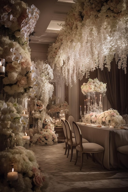 A table with flowers and a table with a white tablecloth