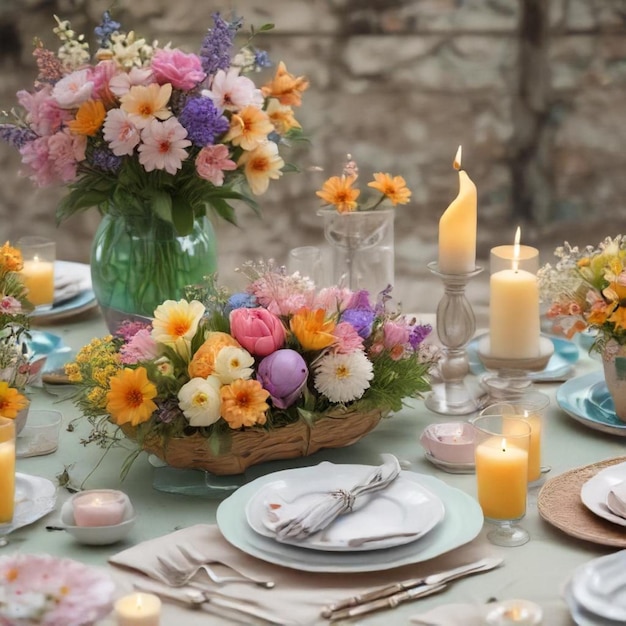 a table with flowers and a vase with candles on it