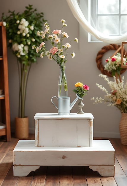 Photo a table with flowers and a vase with flowers in it