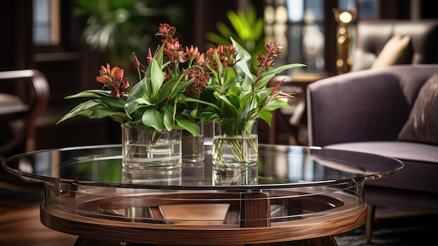 a table with flowers and vases on it