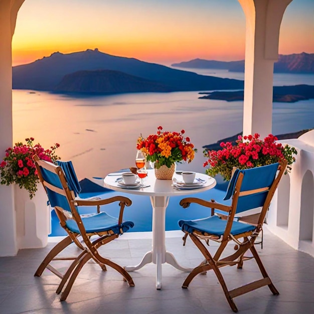 a table with flowers and a view of a lake and mountains