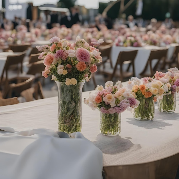 a table with flowers and a white cloth on it