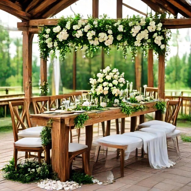 Photo a table with flowers and a white table cloth is set up on a patio