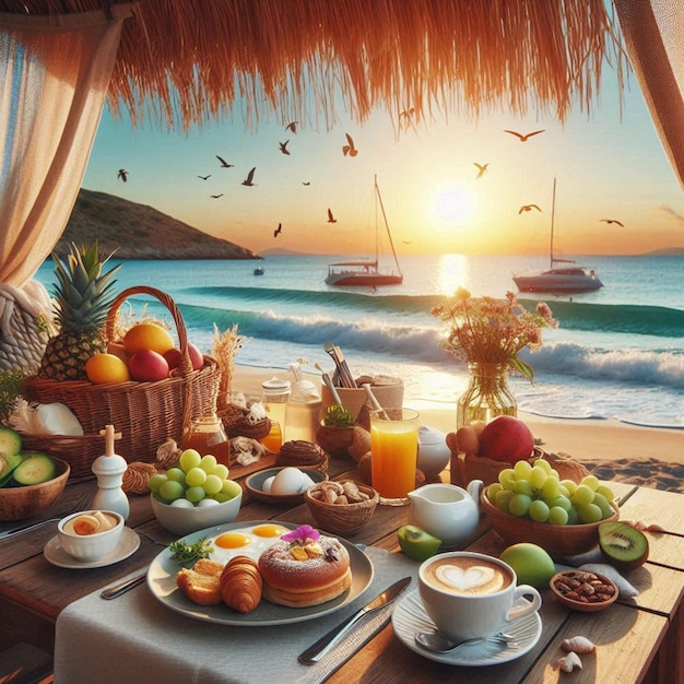 a table with food and a basket of fruit on it