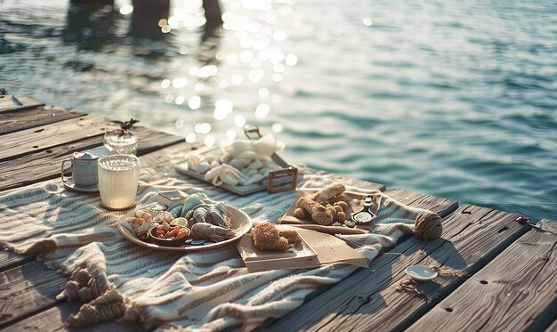 a table with food and a bottle of beer on it