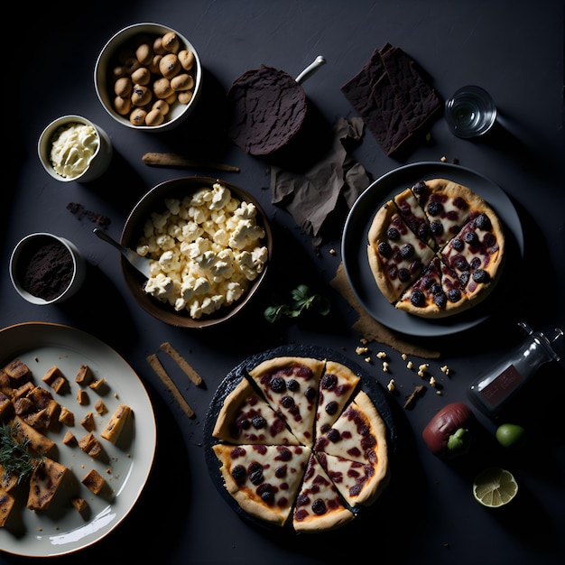 A table with food and a bowl of nuts on it