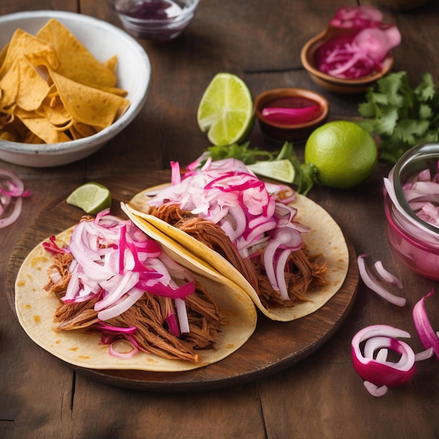 a table with food and a bowl of tacos and a tortilla