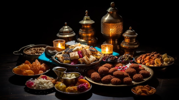 Photo a table with food and candles and a black background