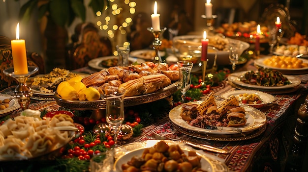 a table with food and candles and a candle in the background