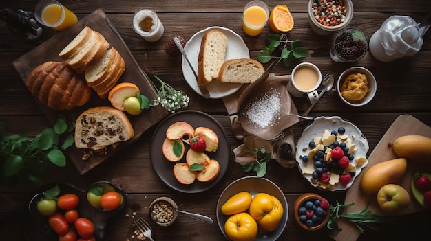 a table with food and coffee and a plate of bread.