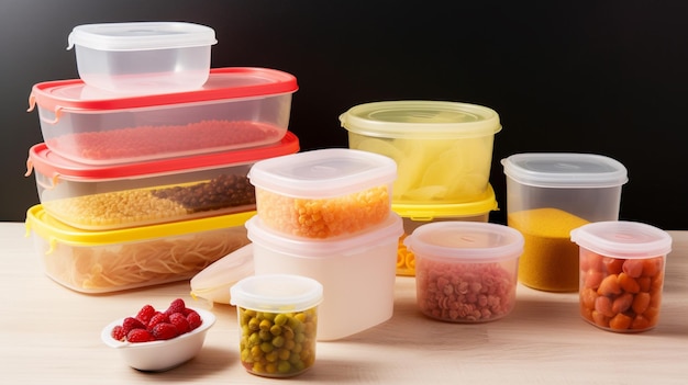 A table with food containers and a bowl of food on it