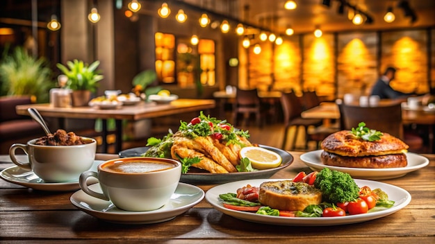 a table with food and a cup of coffee on it