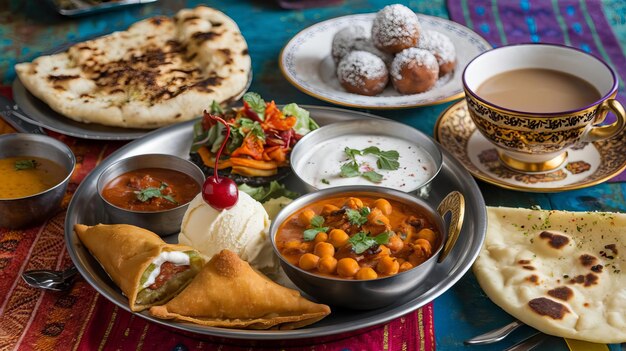 Photo a table with food and a cup of tea and a plate of food