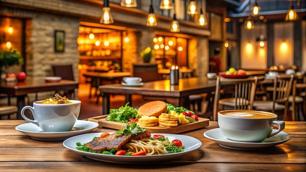 a table with food and cups of coffee and a plate of food on it