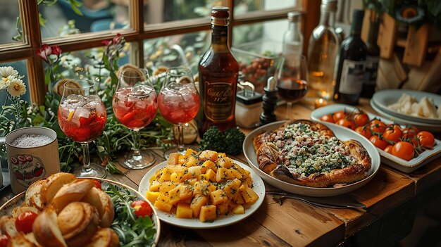 a table with food and drinks and a bottle of beer