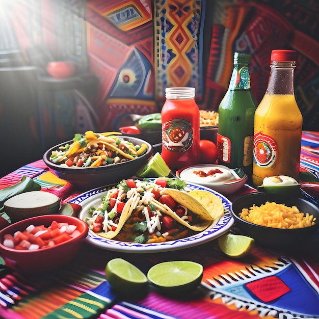 Photo a table with food and drinks and a colorful tablecloth