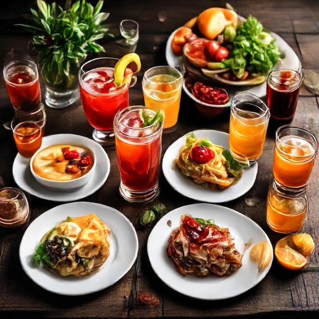 a table with food and drinks including food and drinks