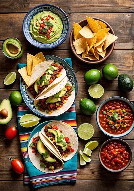 a table with food and drinks including guacamole avocado and avocados