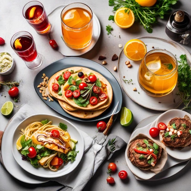 Photo a table with food and drinks including pasta pasta and lemonade