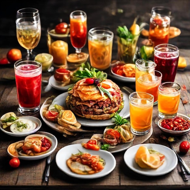 Photo a table with food and drinks including a sandwich and a plate of food