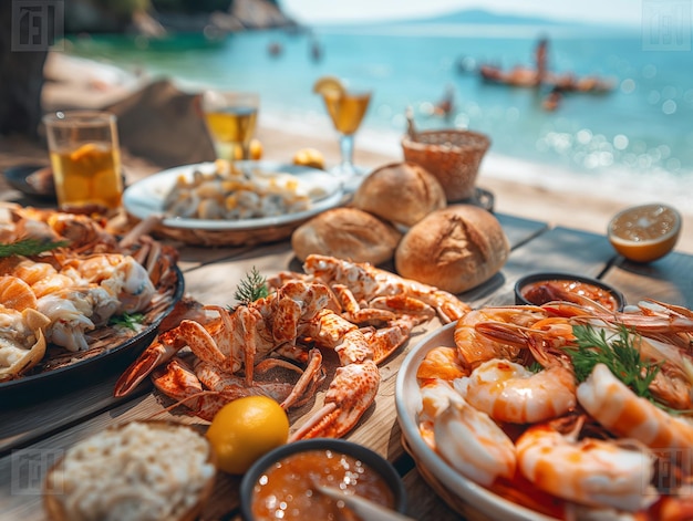 a table with food and drinks on it including shrimp shrimp and shrimp