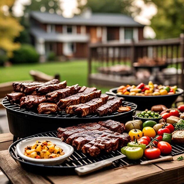 a table with food and a grill with a house in the background