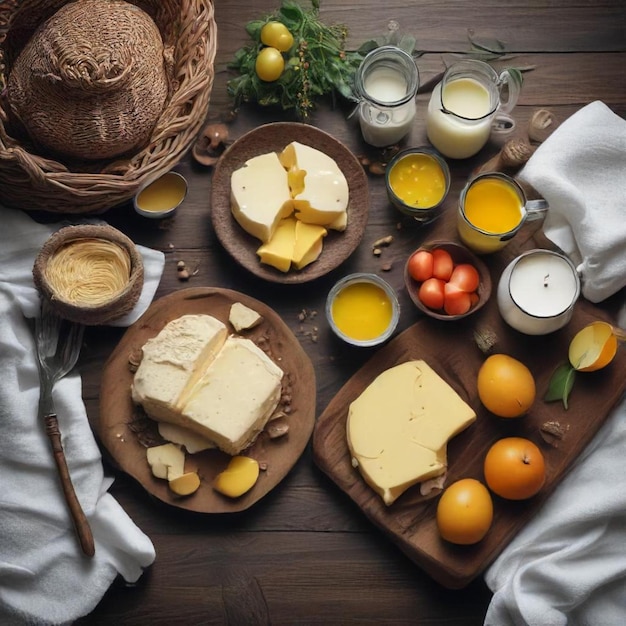 Photo a table with food including cheese tomatoes and other foods