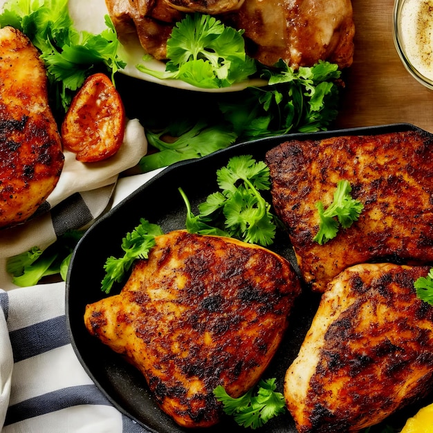 a table with food including chicken potatoes and lemon