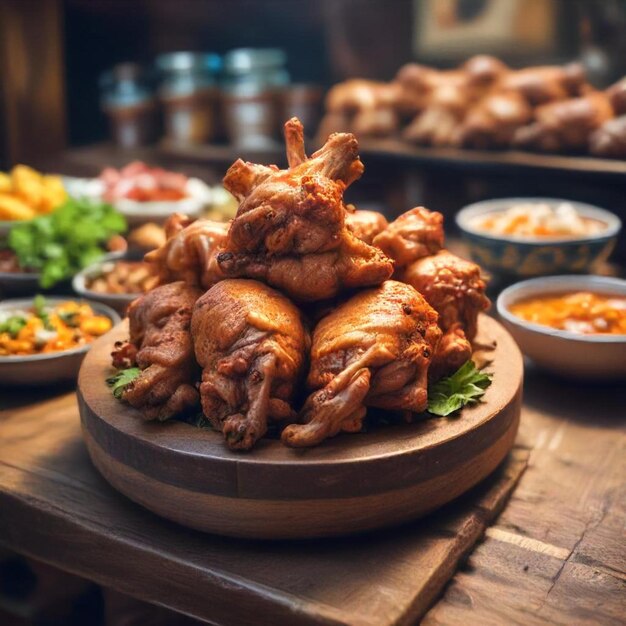 a table with food including chicken and vegetables and sauces