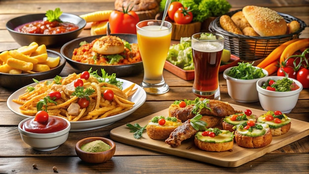 a table with food including french fries a drink and a glass of beer