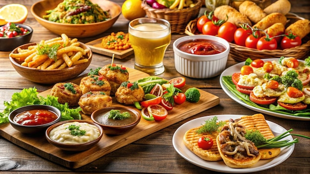 a table with food including a glass of beer and a plate of food